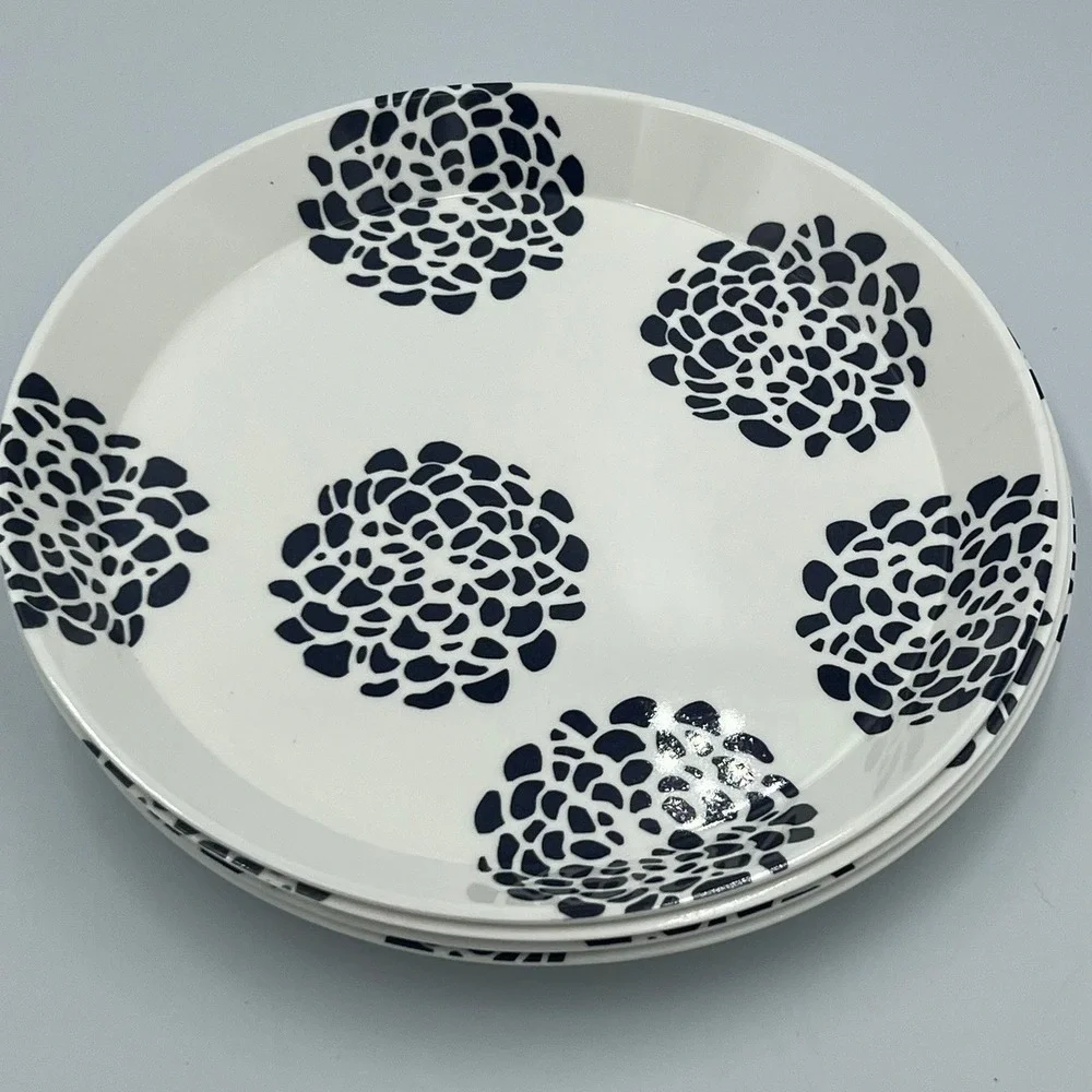 IKEA Melamine Appetizer Plates Set of 4 8in White Black Floral Very Good 21385
